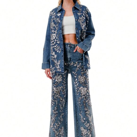 MODA ME COUTURE Denim - Blue Casual Women's Floral Sequin Party Denim Jacket & Jeans Vacation Set